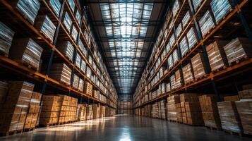 Spacious warehouse features tall shelves full of neatly arranged boxes, creating a well organized inventory setting during daylight hours, ideal for efficient logistics operations. photo