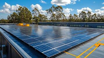 Solar panels cover the roof of a large warehouse, contributing to energy efficiency for logistics and distribution activities while supporting sustainable practices in cargo management. photo