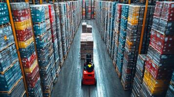 A worker operates a forklift in a vast warehouse filled with tall stacks of pallets, focusing on efficient sorting and inventory management in the distribution center. photo