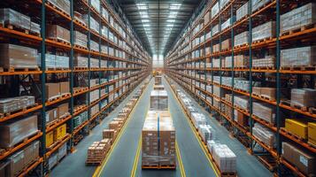 Large warehouse showcasing extensive shelving systems filled with packages and boxes, enabling efficient logistics operations and inventory management for distribution. photo