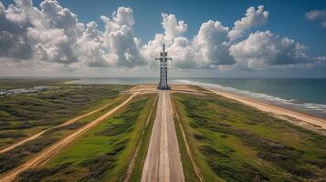 Rocket launchpad stands prominently on coastal land, flanked by lush greenery and the ocean. Clouds dot the sky as preparations for spaceflight and recovery operations continue. photo