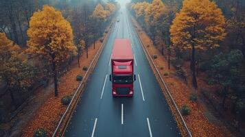 A red truck drives on a wet road lined with vibrant autumn trees, efficiently transporting goods through a scenic logistics route in overcast weather. photo
