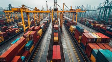 A busy logistics hub features towering cranes and rows of colorful shipping containers in a warehouse setting, indicating active freight transport and inventory management. photo