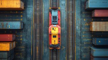 A train is strategically placed on tracks surrounded by colorfully stacked cargo containers within a busy logistics and distribution yard during the evening. photo