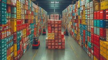 Forklifts move through a spacious warehouse filled with neatly stacked containers and boxes, showcasing a busy logistics operation focused on efficient inventory management. photo