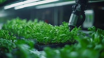 Automated equipment tends to leafy greens in a climate managed warehouse, optimizing growth conditions for perishable produce in a high tech setting. photo