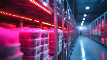 Rows of storage shelves, filled with perishable items are illuminated by red lighting in a climate controlled warehouse designed for logistics and distribution of pharmaceutical products. photo