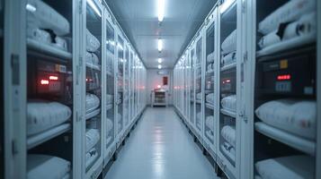 Cold storage area designed for the safe storage of perishable items and pharmaceuticals features high tech refrigeration systems and organized shelving for inventory management. photo