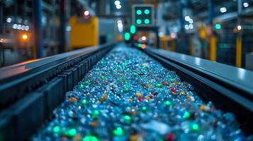 A conveyor belt filled with colorful plastic waste moves through a high tech recycling facility, showcasing the importance of efficient sorting and sustainability in material management. photo