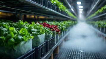 Rows of fresh produce are organized in a well structured cold storage facility. Advanced refrigeration and climate control technologies are visible, maintaining ideal conditions for perishable items. photo