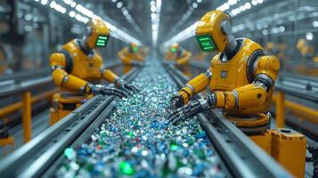 Advanced robotic systems efficiently sort and process recyclable materials on the conveyor belt in a spacious logistics facility dedicated to sustainability. photo