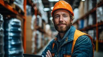 In a bustling warehouse, a logistics employee wearing a hard hat stands with crossed arms, overseeing the orderly storage of materials and ensuring efficient distribution practices. photo