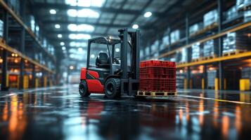 A forklift transports a stack of red plastic pallets in an expansive warehouse filled with shelves of stored materials and organized inventory, emphasizing logistics and efficiency. photo