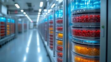 State of the art cold storage system displays vibrant perishable products arranged in clear containers, ensuring efficient inventory management for pharmaceuticals and food items. photo