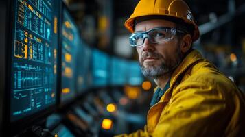 A skilled worker in a safety helmet and glasses analyzes data on multiple screens in a warehouse setting focused on optimizing logistics, inventory management, and sustainability efforts. photo