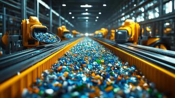 A high tech warehouse features a busy recycling line with vibrant plastic materials being sorted and processed. Workers oversee operations for effective waste management. photo