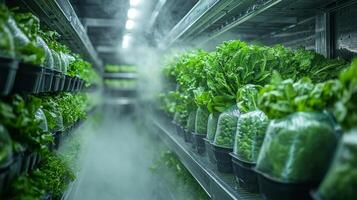 Fresh vegetables are neatly packaged and stored in a climate controlled environment, ensuring appropriate refrigeration for perishable goods in a distribution center. photo