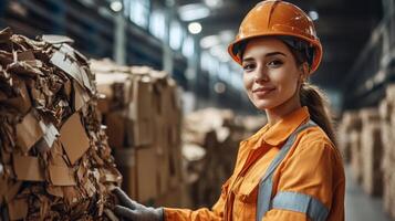 A warehouse worker in an orange safety uniform inspects and organizes cardboard materials, emphasizing recycling and sustainable practices in a busy logistics setting. photo