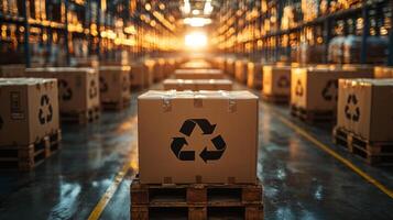 Rows of stacked cardboard boxes with recycling symbols illuminate under warm lighting in a warehouse, showcasing inventory management and sustainable materials handling efforts during sunset. photo