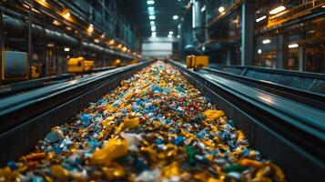 Conveyor belts transport a mix of recyclable materials through a busy warehouse prioritizing waste management and efficient inventory practices for sustainable operations. photo