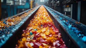 A conveyor belt in a distribution warehouse filled with colorful shredded materials, ready for recycling emphasizes the importance of sustainability and responsible waste management practices. photo