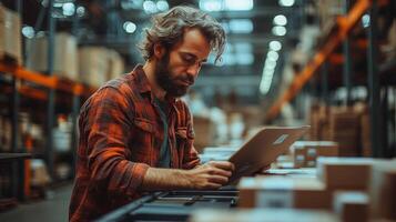 Worker analyzes inventory data on a tablet in a busy warehouse. The setting emphasizes logistics, storage, and sustainable packaging methods to enhance efficiency. photo