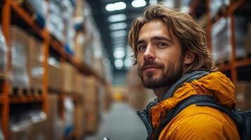 A worker conducts inventory checks in a spacious warehouse filled with neatly stacked boxes, focusing on efficient logistics and sustainable packaging practices. photo