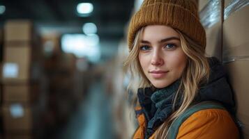 A logistics worker is standing in a warehouse surrounded by stacks of boxes. She is focused and dressed warmly, reflecting an industrious atmosphere dedicated to efficient inventory management. photo