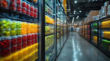 Fresh fruits and vegetables are neatly organized in a cold storage facility designed for the distribution of perishable inventory. Refrigeration units maintain optimal climate control. photo