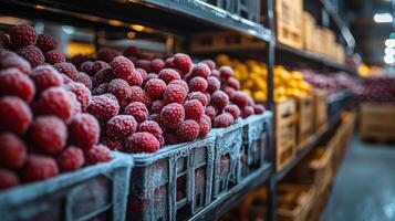 Frozen raspberries are carefully stored on shelves in a cold storage facility designed for preserving perishable items, with a focus on temperature control and organization. photo