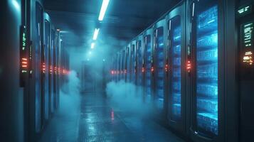High tech cold storage environment features rows of refrigeration units maintaining precise temperatures for pharmaceutical products and perishable goods. photo