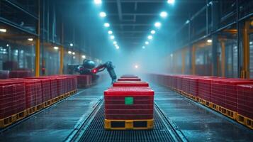 Robotic systems are actively retrieving and organizing pallets of perishable goods within a highly controlled cold storage warehouse environment, emphasizing efficient distribution processes. photo