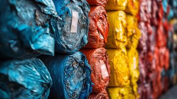 Workers manage large rolls of recycled materials in a logistics warehouse dedicated to efficient inventory management and sustainable waste practices. photo