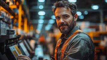 A dedicated worker carefully oversees inventory management activities in a busy warehouse, emphasizing efficiency and sustainable practices during operational hours. photo