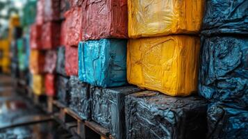 Recyclable materials are neatly stacked in colorful bales within a logistics warehouse, emphasizing efficient inventory storage and sustainable practices for waste management. photo