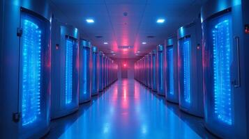 Rows of high tech temperature controlled storage units showcase sophisticated refrigeration systems for perishable inventory in a secure logistics environment. photo