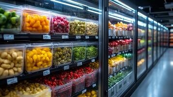 Fresh fruits and vegetables are neatly arranged in containers within a cold storage facility designed to maintain optimal conditions for perishable goods. photo