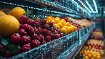 Colorful fruits are neatly arranged in a cold storage unit designed for preserving perishables. This facility ensures refrigeration to maintain quality for future distribution. photo