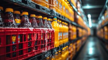 Beverages are neatly arranged on shelves in a temperature controlled warehouse designed for perishable inventory and logistics operations. photo
