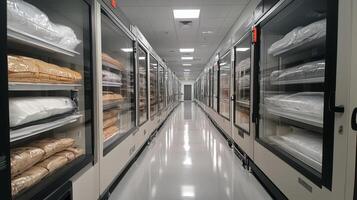 In a modern warehouse, an organized row of cold storage units displays carefully stored perishable items while maintaining optimal temperature controls for pharmaceuticals and other inventory. photo