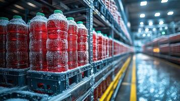 Temperature controlled area in a warehouse displaying neatly arranged pallets of red beverages. The cold storage system ensures product freshness and prevents spoilage. photo