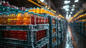 Rows of cold beverage containers are neatly stacked in a chilly warehouse. The temperature controlled environment ensures perishable goods remain fresh and ready for distribution. photo