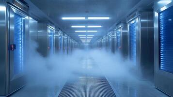 A cold storage facility is equipped with refrigeration units, creating a foggy atmosphere from the chilling process. It maintains an optimal environment for perishable pharmaceuticals and inventory. photo