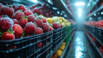 Fresh strawberries are neatly arranged in black crates within a cold storage area, ensuring optimal refrigeration for preservation and quality control in a logistics setting. photo
