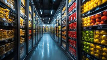 Rows of brightly colored perishable items are stored in refrigeration units within a climate controlled warehouse designed for efficient inventory management in logistics. photo