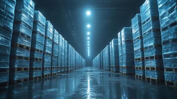 Rows of pallets filled with perishable goods are organized in a cold storage facility, showcasing efficient distribution practices in pharmaceutical logistics with advanced refrigeration technology. photo