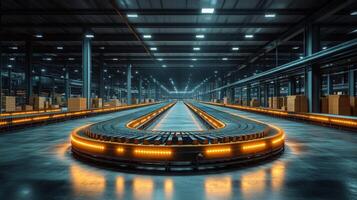 The logistics center showcases a modern conveyor belt system for efficient inventory management and organized storage. Packaging materials are neatly arranged in the background. photo