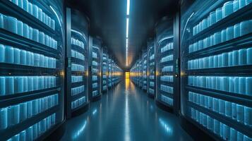 High efficiency cold storage facility designed for pharmaceuticals features organized shelving, climate control systems, and ambient lighting for effective inventory management. photo