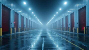 Warehouse designed for cold storage and distribution, featuring climate control for perishable items and pharmaceuticals, illuminated in a foggy evening setting. photo