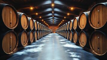 Inside a warehouse, rows of wooden barrels are lined up neatly, emphasizing the importance of organized storage for perishable products requiring refrigeration. photo